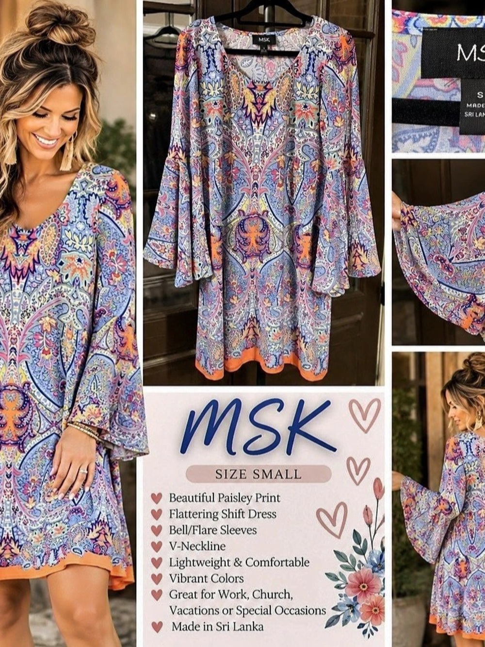 MSK Paisley Print Bell Sleeve Shift Dress Blue & Pink Small